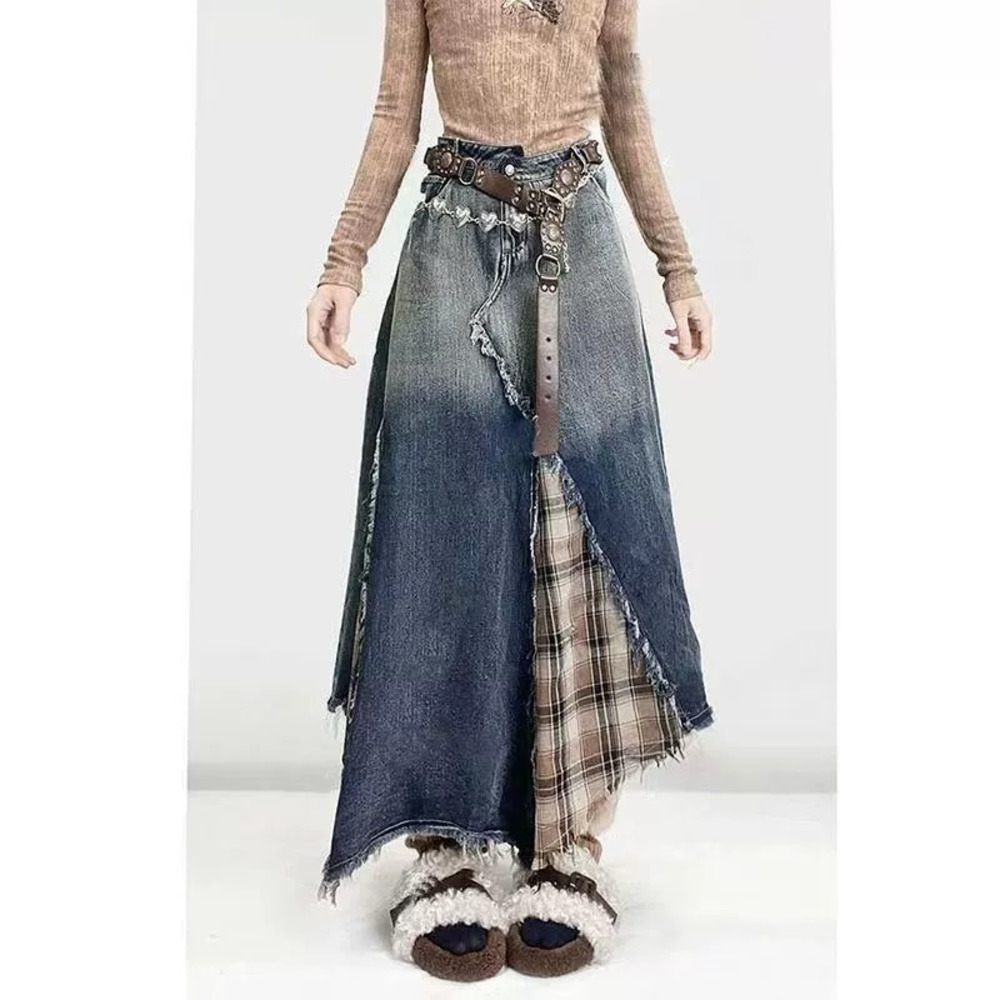 Zara US Irregular Denim Patchwork Plaid Letter Ombre Midi Flared High Waist